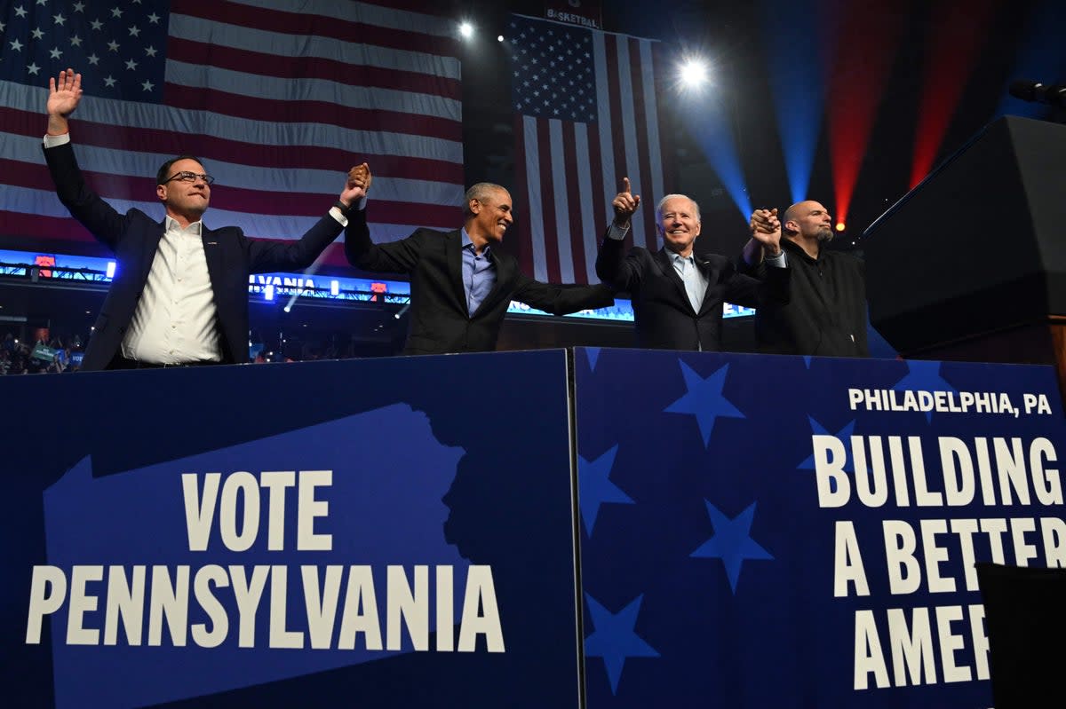 Democratic gubernatorial candidate for Pennsylvania Josh Shapiro, former President Barack Obama, President Joe Biden, and Senate candidate John Fetterman  participate in a rally ahead of the midterm elections (AFP via Getty Images)