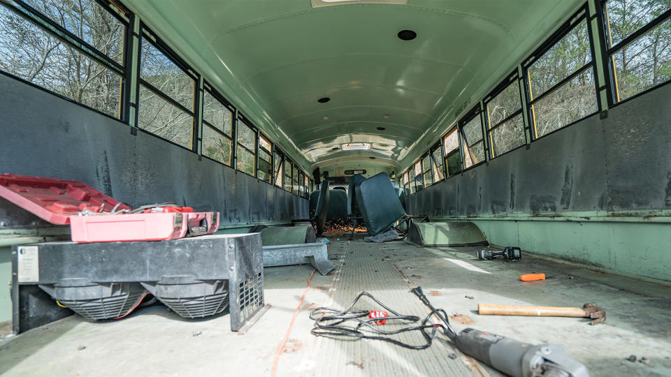 The couple painstakingly gutted and customized their school bus into a home over 12 weeks.