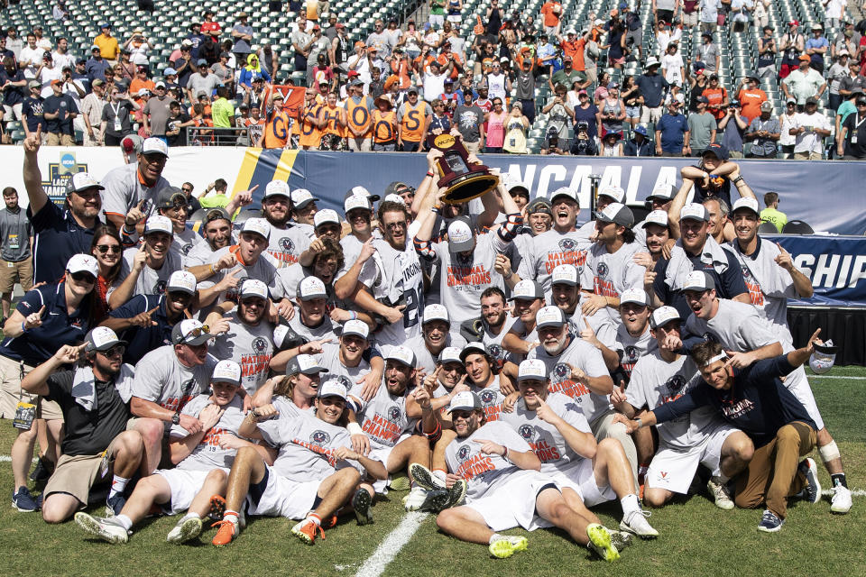 Virginia celebrates after defeating Yale in the NCAA college men's Division 1 lacrosse championship in Philadelphia, Monday, May 27, 2019. (Jose F. Moreno/The Philadelphia Inquirer via AP)