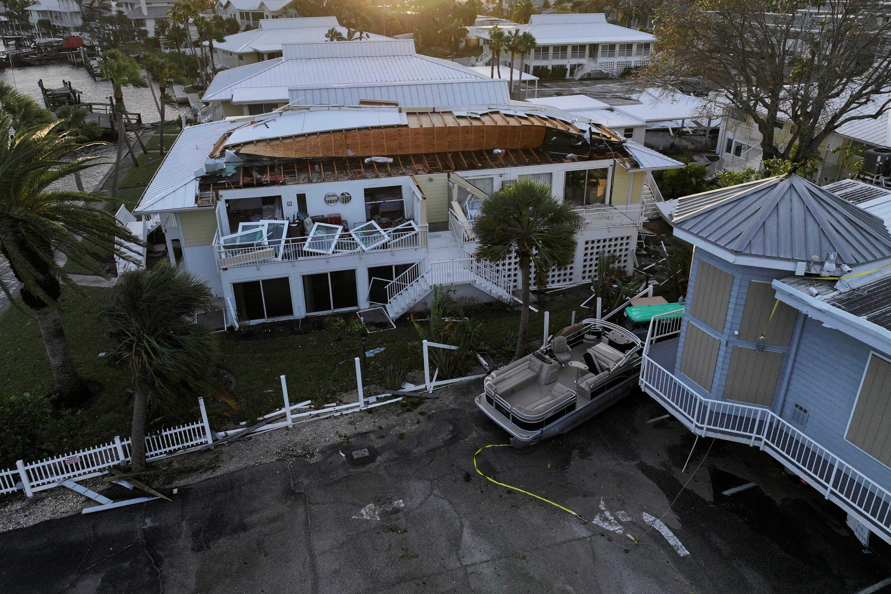 A drone footage showed buildings and structures damaged by Hurricane Milton in Venice, Florida. 