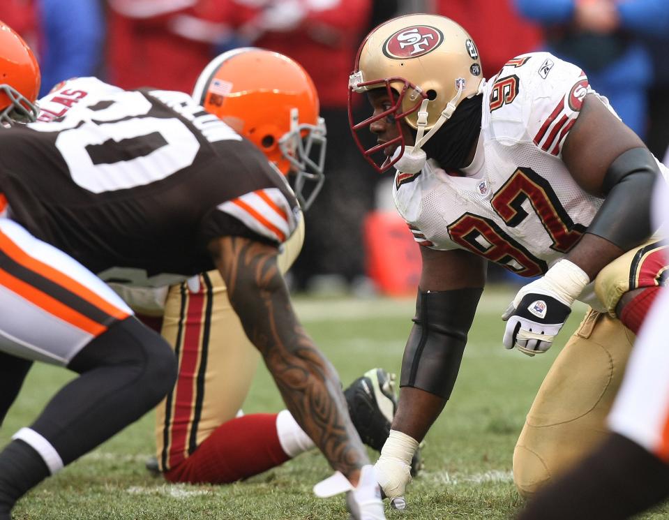 San Francisco 49ers defensive end (97) Bryant Young plays in his final career game, Dec. 30, 2007, against the Browns at Cleveland Browns Stadium.