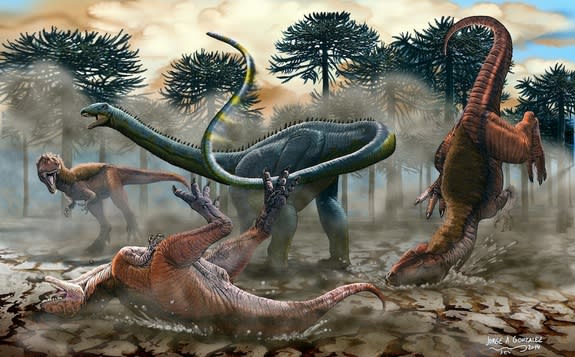 An artist's vision of <i>L. laticauda</i>, a new sauropod dinosaur, battling predators in the early Cretaceous.