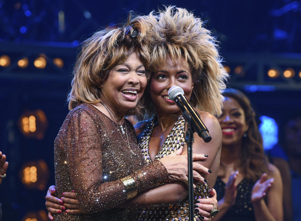 FILE - Singer Tina Turner, left, appears on stage with actress Adrienne Warren on the opening night of "Tina – The Tina Turner Musical" on Nov. 7, 2019, in New York. Turner, the unstoppable singer and stage performer, died Tuesday, after a long illness at her home in Küsnacht near Zurich, Switzerland, according to her manager. She was 83. (Photo by Evan Agostini/Invision/AP, File)