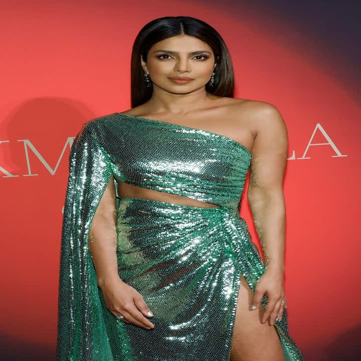 A closeup of Priyanka in a one-shouldered sequined dress