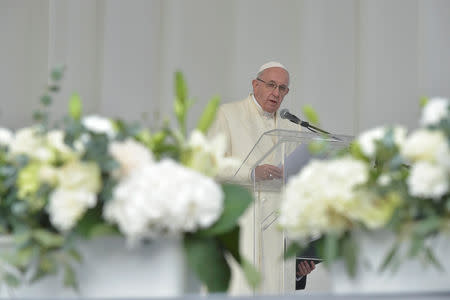 Pope Francis delivers a speech during a meeting with the youth outside the Vilnius Cathedral in Vilnius, Lithuania, September 22, 2018. Vatican Media/Handout via REUTERS