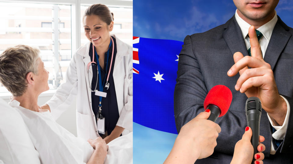 A doctor greets her patient in the hospital ward. A politician addresses the media. (Source: Getty)