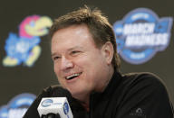 FILE - In this March 22, 2018, file photo, Kansas coach Bill Self speaks during a news conference at the NCAA men's college basketball tournament, in Omaha, Neb. Kansas is ranked No. 1 in The Associated Press Top 25 preseason poll, released Monday, Oct. 22, 2018. (AP Photo/Nati Harnik, File)