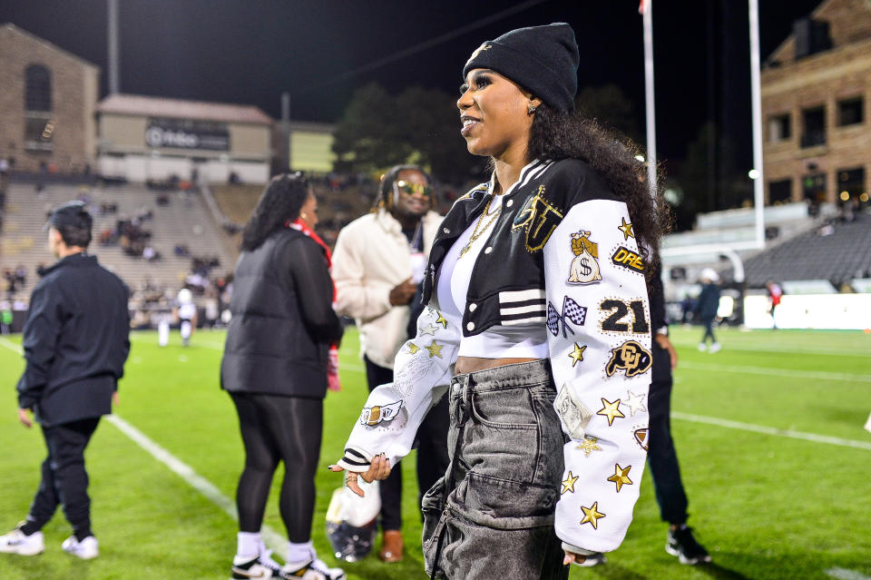 BOULDER, CO – NOVEMBER 4: Deiondra Sanders, daughter of head coach Deion Sanders of the Colorado Buffaloes, stands on the field before a game between the Colorado Buffaloes and the Oregon State Beavers at Folsom Field on November 4, 2023 in Boulder, Colorado. (Photo by Dustin Bradford/Getty Images)