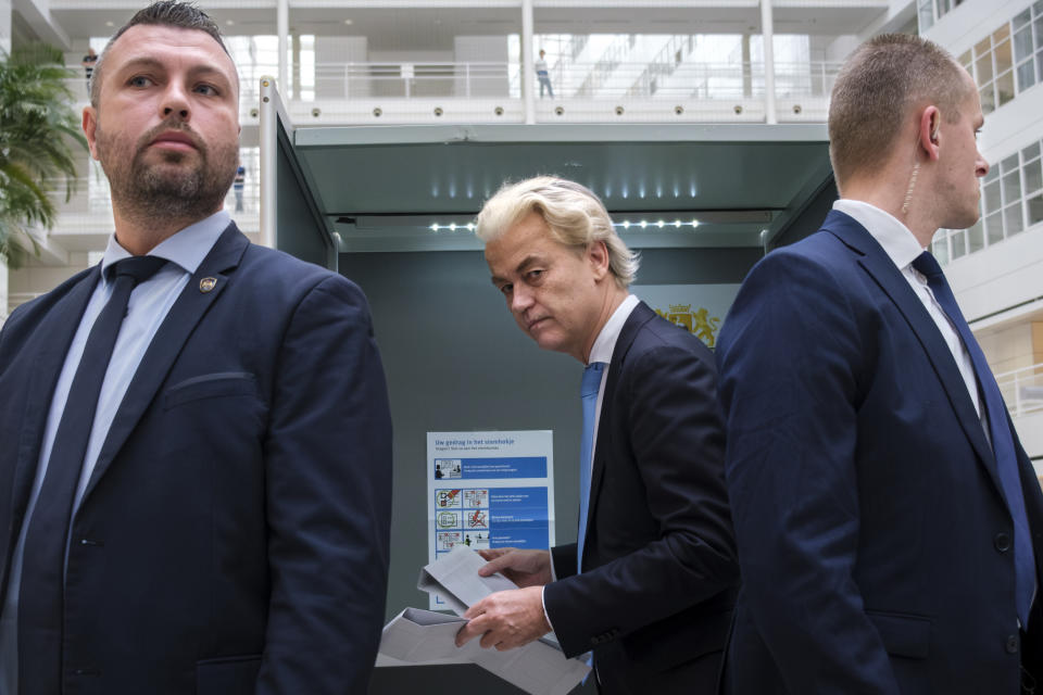 Geert Wilders, leader of the Party for Freedom, known as PVV, casts his ballot in The Hague, Netherlands, Wednesday, Nov. 22, 2023. Dutch voters cast ballots in a general election that will usher in a new prime minister for the first time in 13 years, with the rising cost of living and migration topping electoral concerns in a country that plays an important role in EU affairs and global trade and tourism.(AP Photo/Mike Corder)