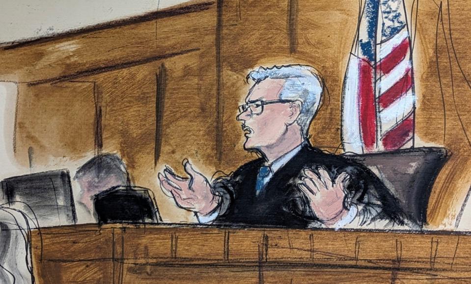 A courtroom sketch depicts New York Judge Juan Merchan addressing a pretrial hearing for Donald Trump in 15 February. (AP)