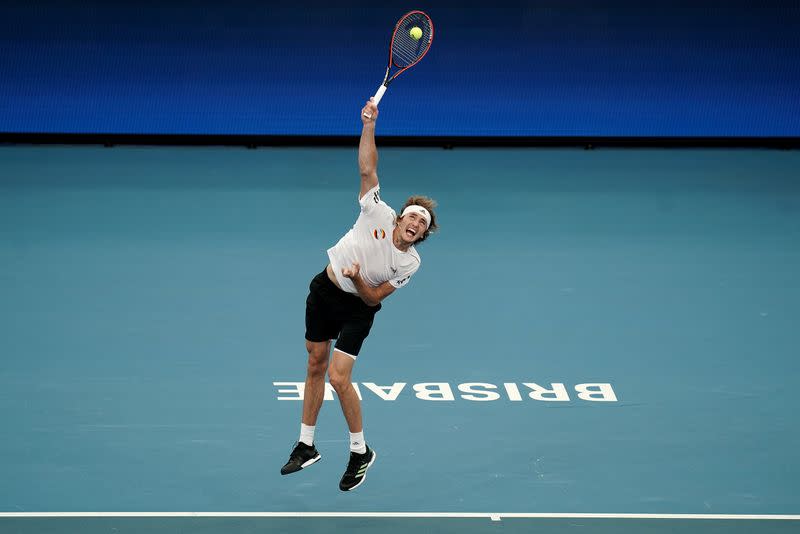 Alexander Zverev of Germany serves during his singles match against Denis Shapovalov of Canada during day 5 of the ATP Cup tennis tournament at Pat Rafter Arena in Brisbane