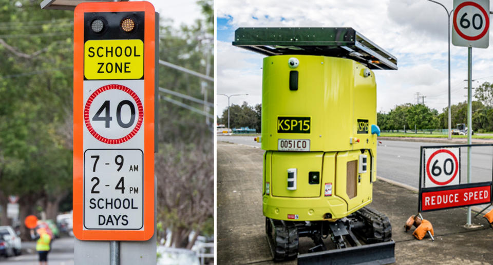 A school zone sign containing a speed camera (left) and a road works machine containing a speed camera (right). 