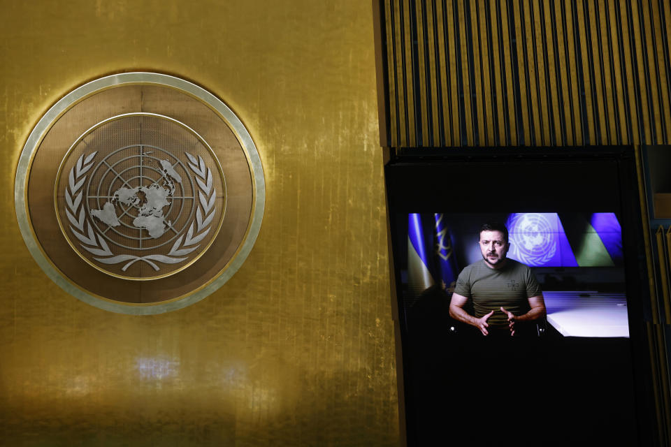 Ukrainian President Volodymyr Zelenskyy from video addresses the 77th session of the United Nations General Assembly, at U.N. headquarters, Wednesday, Sept. 21, 2022. (AP Photo/Jason DeCrow)