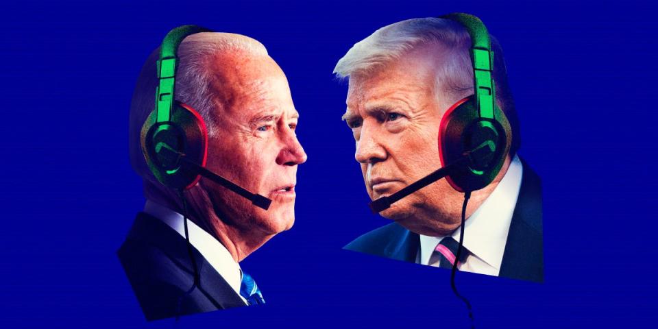 Joe Biden and Donald Trump facing each other wearing gaming headsets on dark blue background