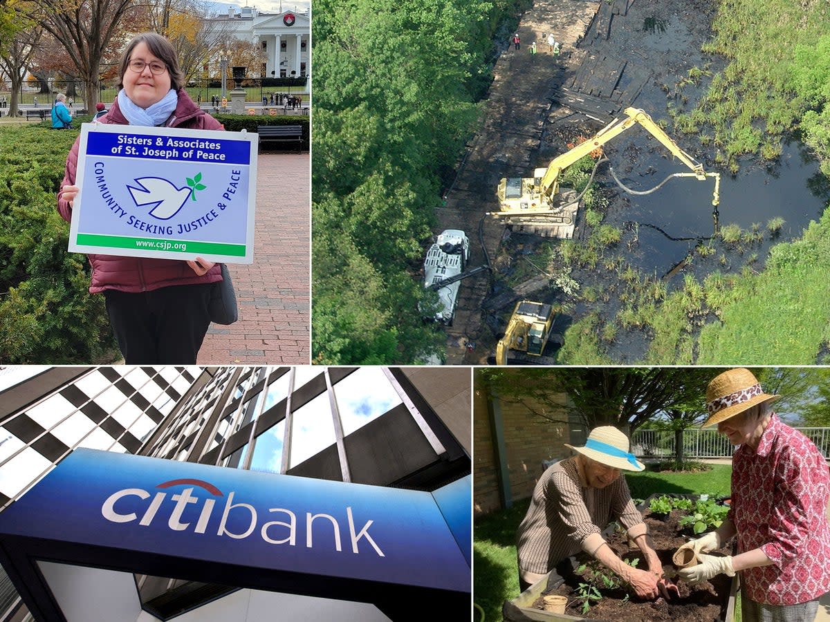 Top left, bottom right: Sister Susan Francois and fellow Sisters of St Joseph of Peace, are taking on Citigroup at their AGM over pipeline funding including of Enbridge. Top right, Enbridge’s oil spill in Michigan in 2010 (Courtesy to The Independent/EPA)