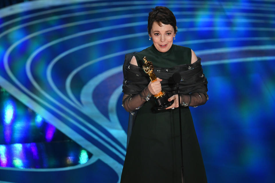 Olivia Colman accepting the award for Best Actress in a Leading Role for The Favourite. Photo: Getty