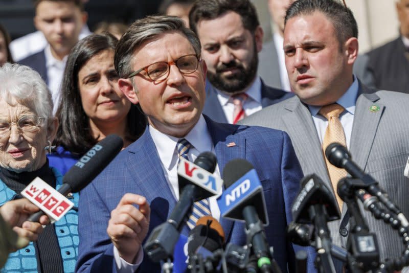 U.S. House Speaker Mike Johnson calls on Columbia president Minouche Shafik to resign, during a press conference Wednesday on the steps of Low Memorial Library at Columbia University in New York City. Students in support of Palestine are protesting the university's ties with Israel by camping on the university's lawn. Photo by Sarah Yenesel/EPA-EFE