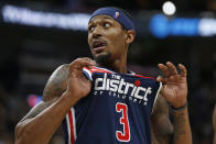 Washington Wizards guard Bradley Beal (3) looks at the scoreboard in the second half during an NBA basketball game against the Utah Jazz Friday, Feb. 28, 2020, in Salt Lake City. (AP Photo/Rick Bowmer)