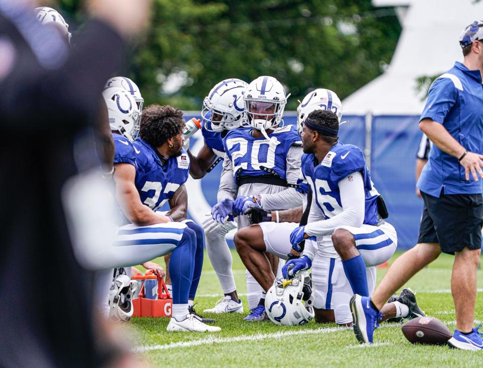 Indianapolis Colts players huddle up during Colts camp on Tuesday, Aug. 2, 2022, at Grand Park Sports Campus in Westfield Ind. 