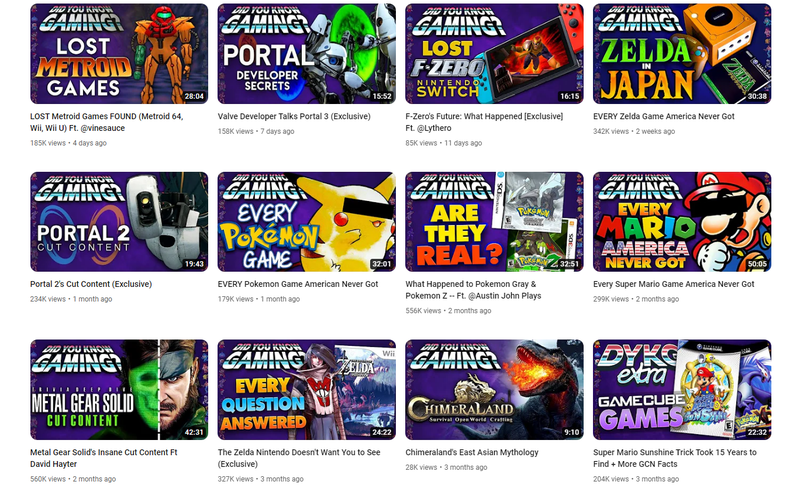 A screenshot shows the types of videos DidYouKnowGaming publishes.