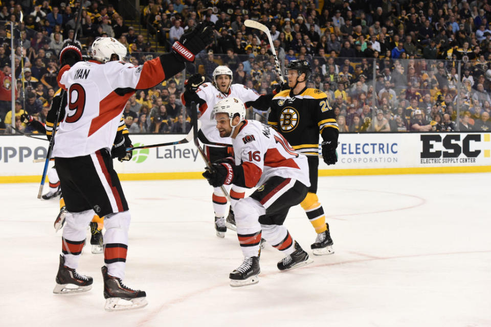 BOSTON, MA – APRIL 23: Bobby Ryan #9, Mike Hoffman #68 and Clarke MacArthur #16 of the Ottawa Senators celebrate an overtime win and elimination of the Boston Bruins in Game Six of the Eastern Conference First Round during the 2017 NHL Stanley Cup Playoffs at the TD Garden on April 23, 2017 in Boston, Massachusetts. (Photo by Brian Babineau/NHLI via Getty Images)