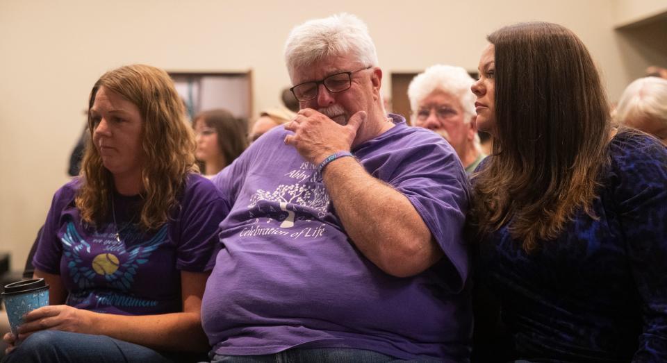 Members of Abby Williams’ family attend a press conference addressing updates regarding the investigation of the murders of Abby Williams and Libby German, Monday, Monday, Oct. 31, 2022, at Delphi United Methodist Church in Delphi, Ind. 