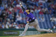 Colorado Rockies' Ryan Feltner pitches to a Philadelphia Phillies batter during the third inning of a baseball game Wednesday, April 17, 2024, in Philadelphia. (AP Photo/Matt Rourke)