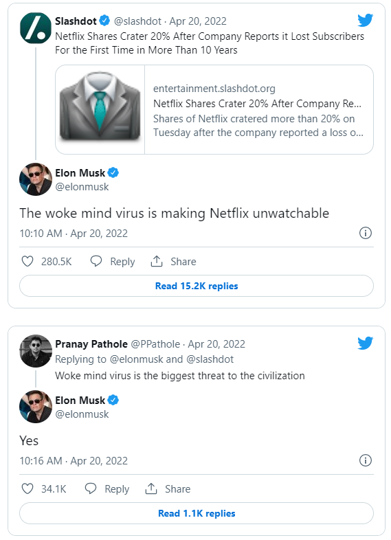 馬斯克指出Netflix是中了覺醒心靈病毒。（圖／翻攝自@slashdot推特）