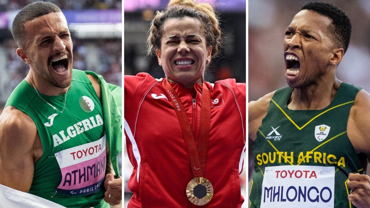 Skander Djamil Athmani, Raoua Tlili and Mphumelelo Mhlongo celebrate winning gold medals at the Paris 2024 Paralympic Games