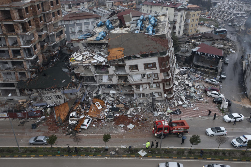 An aerial view of collapsed buildings in Hatay, Turkey