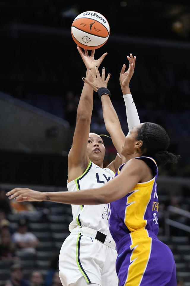 Los Angeles Sparks' Karlie Samuelson tries to pass during the second half  of a WNBA basketball game against the Minnesota Lynx Tuesday, June 20, 2023,  in Los Angeles. (AP Photo/Mark J. Terrill