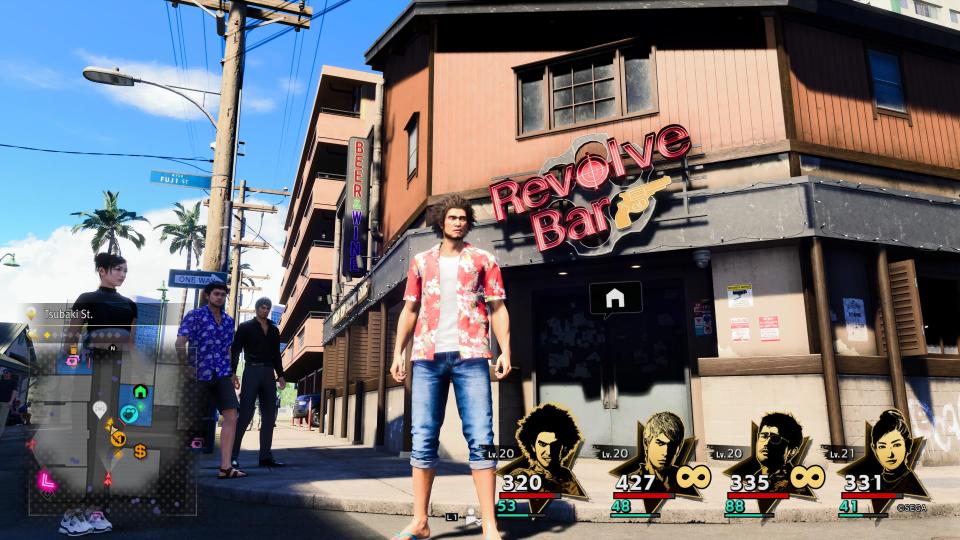 Like A Dragon: Infinite Wealth - Ichiban and party stand outside Revolve Bar in Honolulu City with its pistol sign