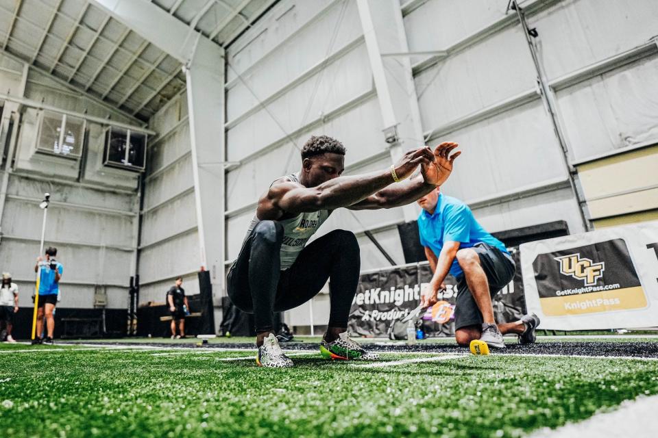 Defensive back Divaad Wilson completed a broad jump of 10 feet, 6 inches, during UCF's pro day.