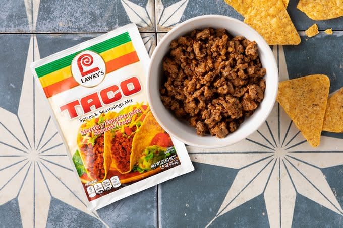 Lawry’s Taco Seasoning Prepared In Bowl With Chips And Seasoning Packet