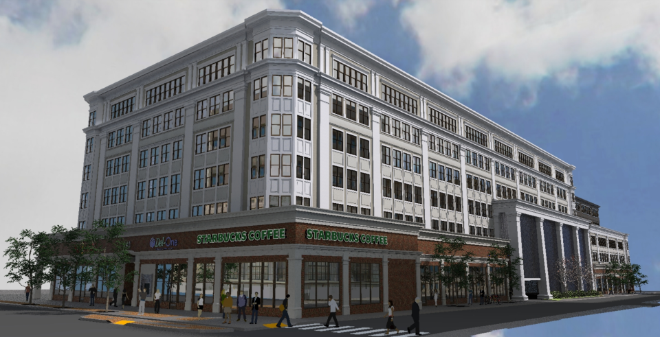 An artist rendering shows a proposed development project on Newark's Main Street at Haines Street. The project calls for a 6-story mixed-use building with 80 apartments and a 221-space parking garage.