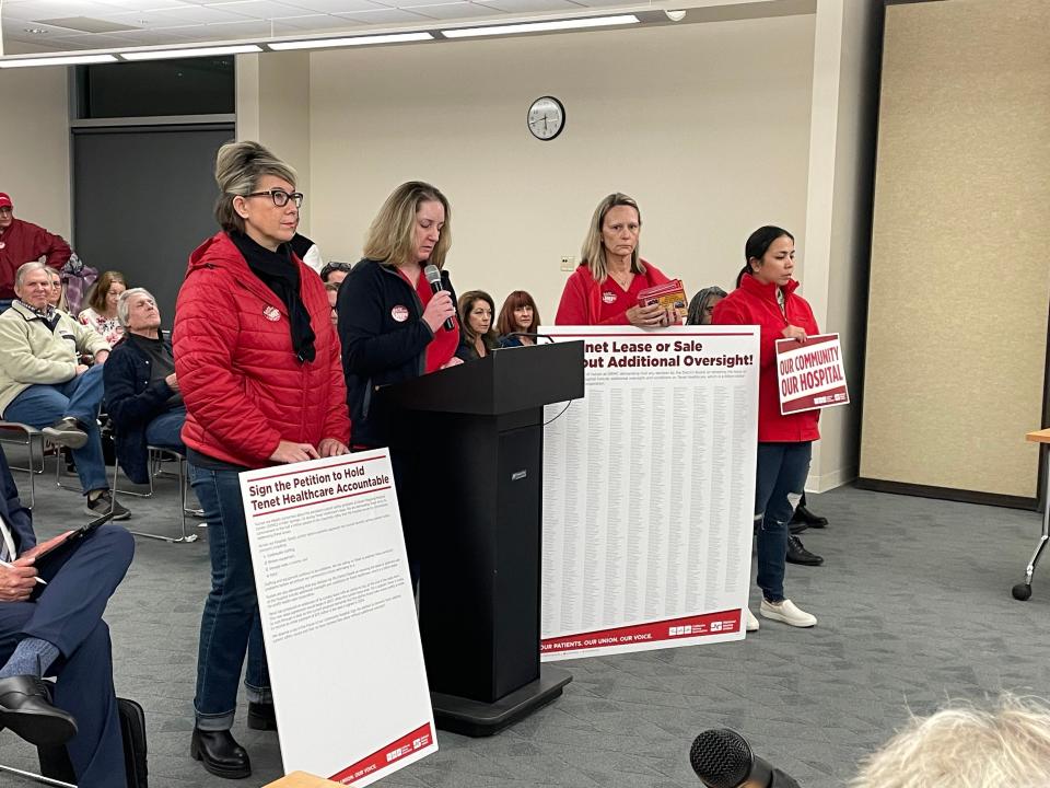 Desert Regional Medical Center nurses, members of California Nurses Association/National Nurses United union, presented the Desert Healthcare District board with a community petition with more than 1,600 signatories and more than 400 postcards on Jan. 22, 2024.