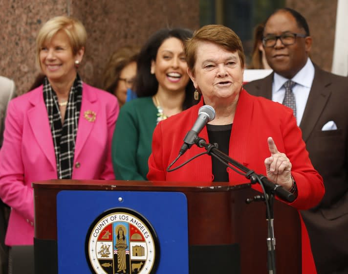 LOS ANGELES, CA - DECEMBER 13, 2016 - Supervisor Sheila Kuehl, center, with supervisors Janice Hahn, Nury Martinez, member of the Los Angeles City Council, and Mark Ridley-Thomas during a Dec. 2016 press conference. (Al Seib / Los Angeles Times)