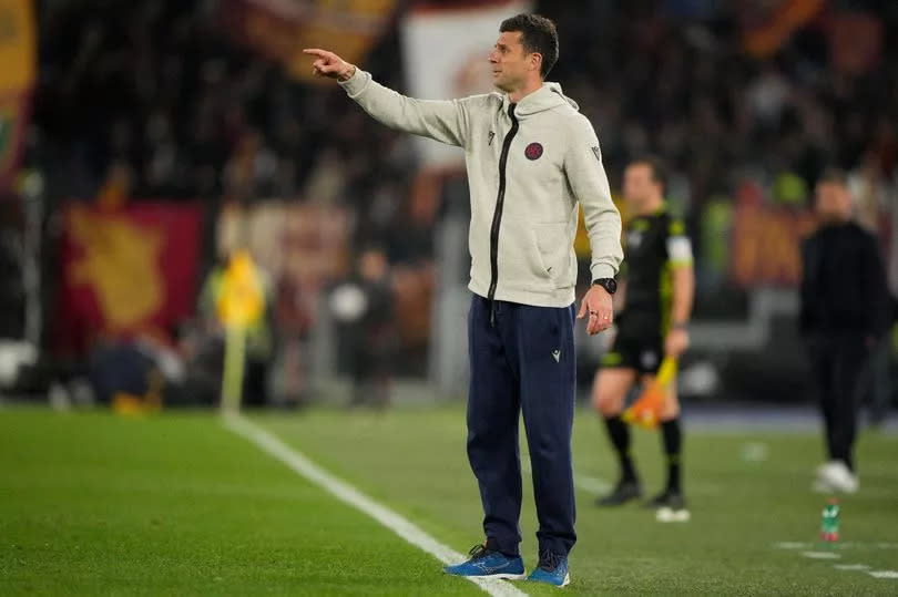 Thiago Motta head coach of Bologna FC gestures during the Serie A TIM match between AS Roma and Bologna FC - Serie A TIM  at Stadio Olimpico on April 22, 2024 in Rome, Italy.