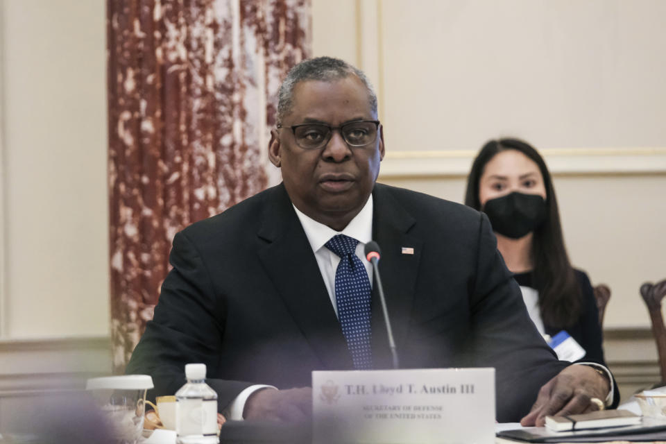 Defense Secretary Lloyd Austin speaks during the fourth U.S.-India 2+2 Ministerial Dialogue at the State Department in Washington, Monday, April 11, 2022. (Michael A. McCoy/Pool via AP)