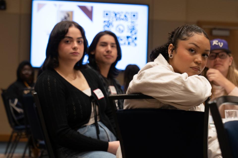 Students at the 785 Future Leaders Conference listen as a panel of multicultural leaders in the state discuss aspects of their life and how they got to where they're at now. Thursday's daylong event featured seminars, breakout sessions and activities at Washburn University.
