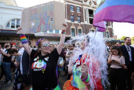 <p>Yael Brender, left, and Emma Sahlstom celebrate the result of a postal survey calling for gay marriage right in Sydney, Australia, Wednesday, Nov. 15, 2017. (Photo: Rick Rycroft/AP) </p>