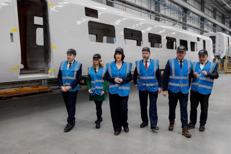 The Northern Echo: Rachel Reeves (third from left) at the Hitachi factory in Newton Aycliffe earlier this month. The Echo is campaigning to save after a gap in its order book threatened its existence.