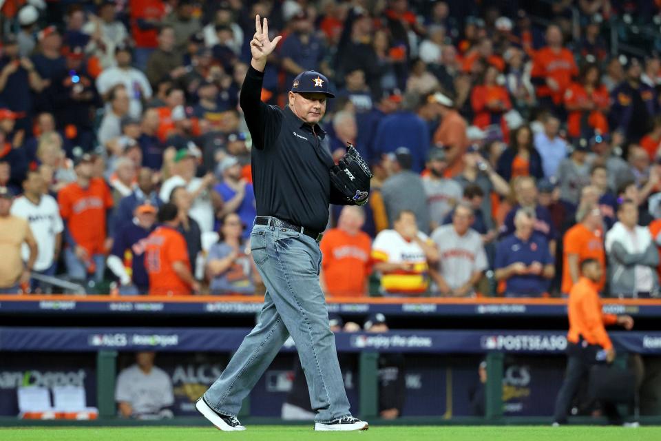 Roger Clemens throwing out the first pitch during the 2022 ALCS.