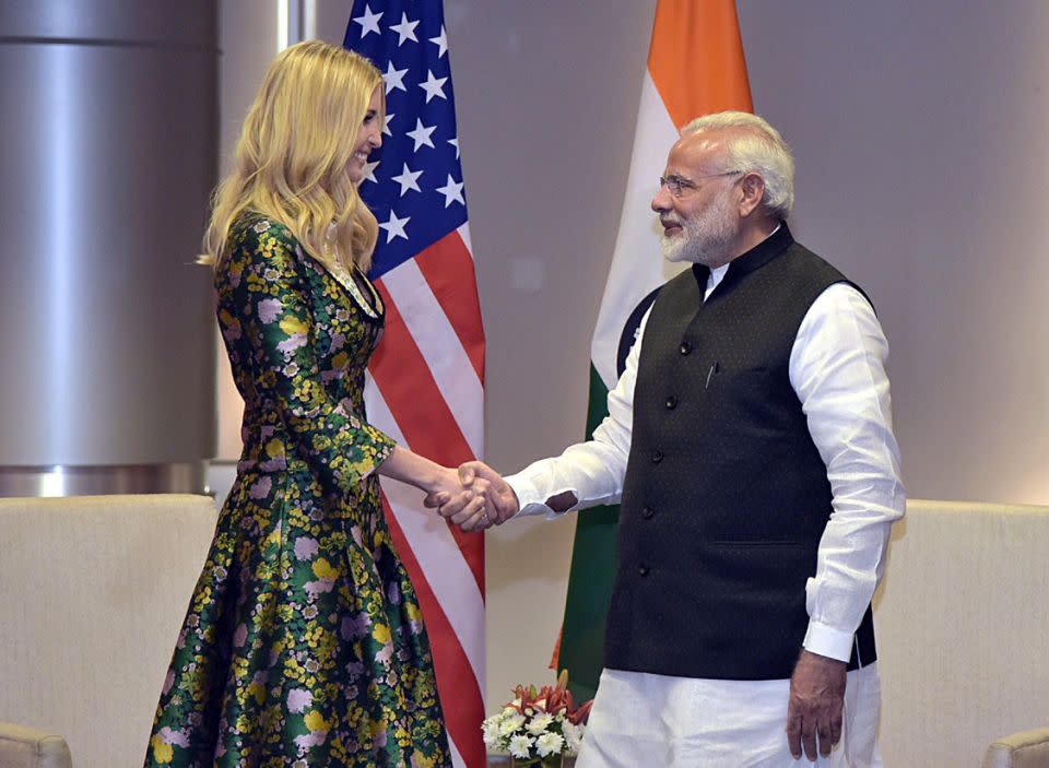 She opted for a green floral dress worth $3,550. Photo: Getty