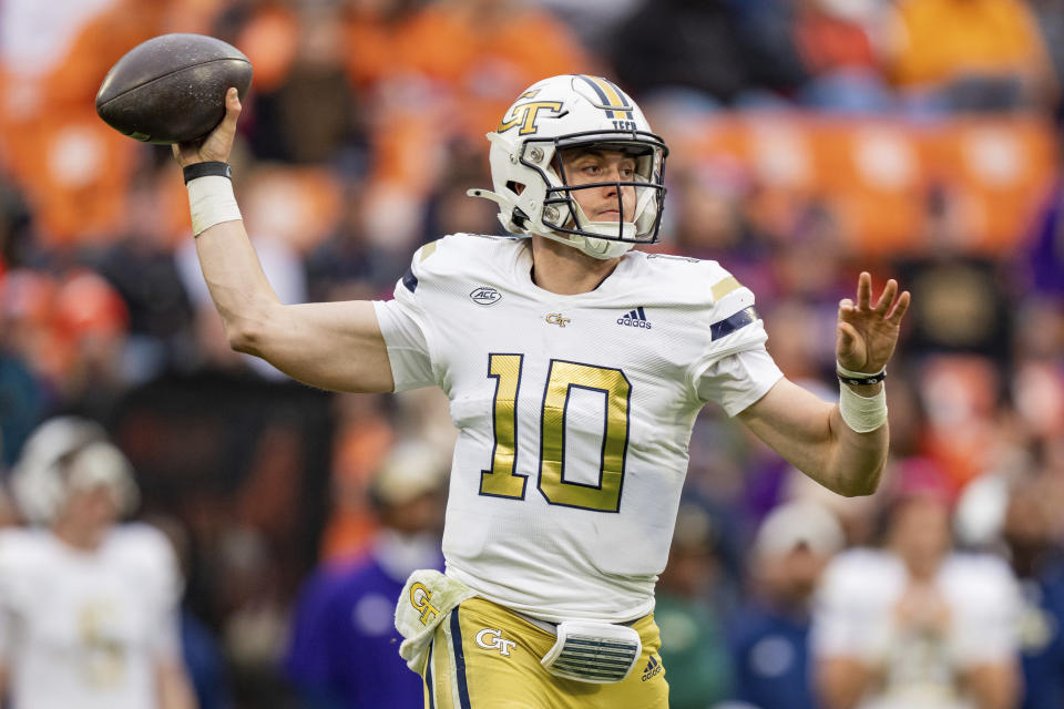 Georgia Tech quarterback Haynes King (10) passes the ball during the second half of an NCAA college football game against Clemson, Saturday, Nov. 11, 2023, in Clemson, S.C. (AP Photo/Jacob Kupferman)