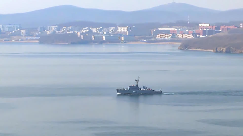 In this handout photo taken from video released by Russian Defense Ministry Press Service on Friday, April 14, 2023, A missile armed boat of the Russian Pacific Fleet sails off to take part in naval drills near Vladivostok, Russia. Russian Defense Minister Sergei Shoigu announced that the entire Russian Pacific Fleet was put on high alert on Friday for snap drills that will involve practice missile launches in a massive show of force amid the tensions with the West over the fighting in Ukraine. (Russian Defense Ministry Press Service via AP)