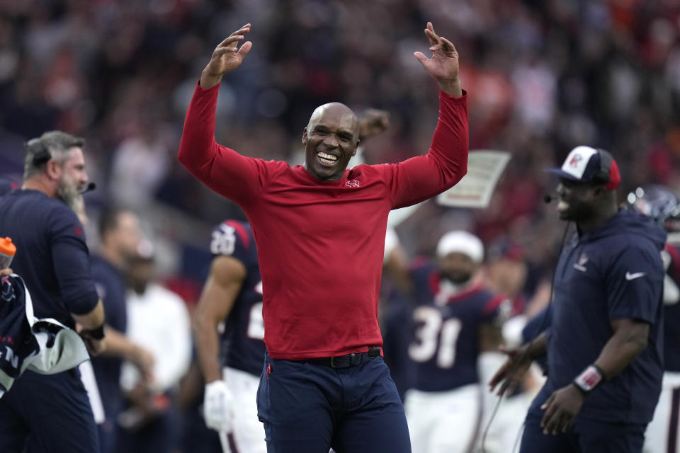 Houston Texans head coach Demeco Ryans celebrates the Texans' 22-17 win over the Denver Broncos in an NFL football game Sunday, Dec. 3, 2023, in Houston. (AP Photo/Eric Christian Smith)