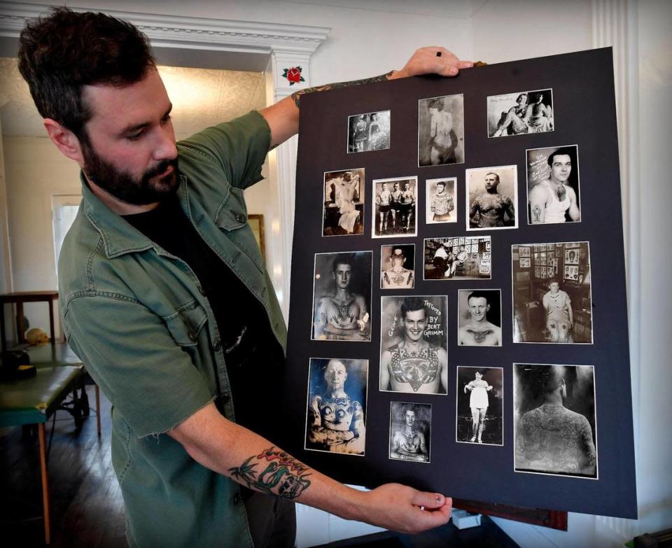 Cory Wheelock has been documenting and cataloging the items in the Bert Grimm Tattoo Museum’s collection and has helped put exhibits like this panel of photographs together for display.