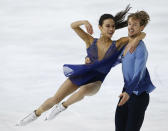 <p>Ice dancing duo Madison Chock and Evan Bates grew up skating together as kids. Their first date was on Madison’s 16th birthday, although they skated with other partners earlier in their careers. (AP) </p>