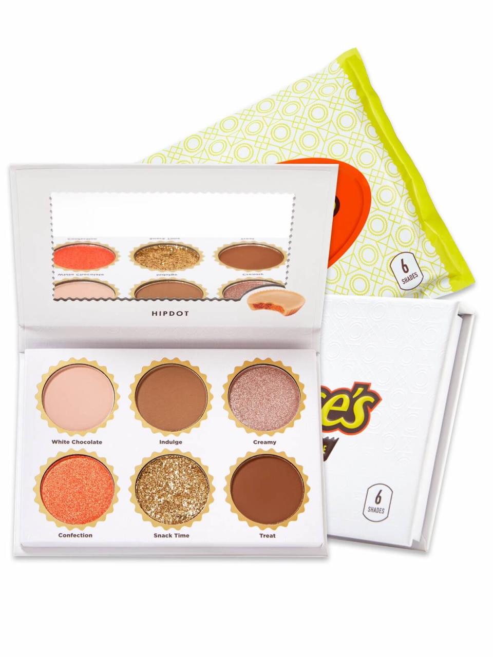 a photo of reese's makeup line with white chocolate pallet including six colors in pink, orange, dark brown, and tan